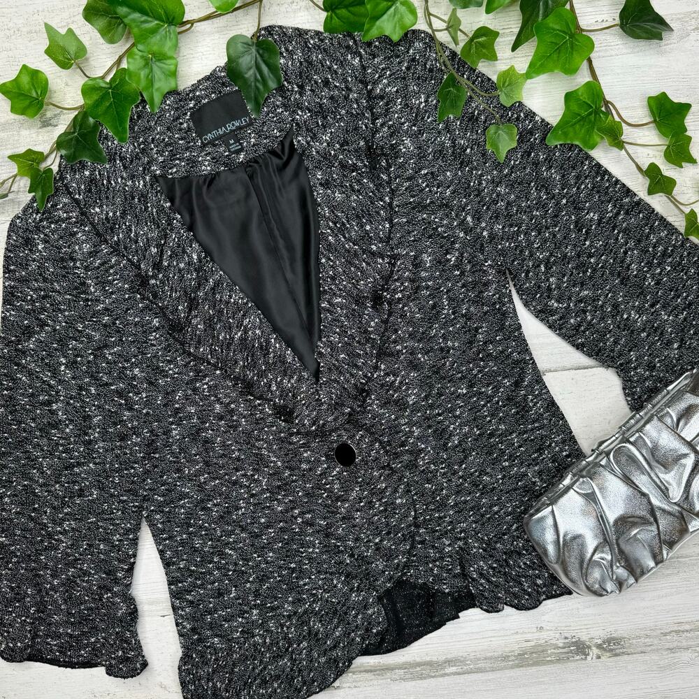 Cynthia Rowley Boucle Tweed Ruffle Collar Jacket Blazer Black White Lined Size M